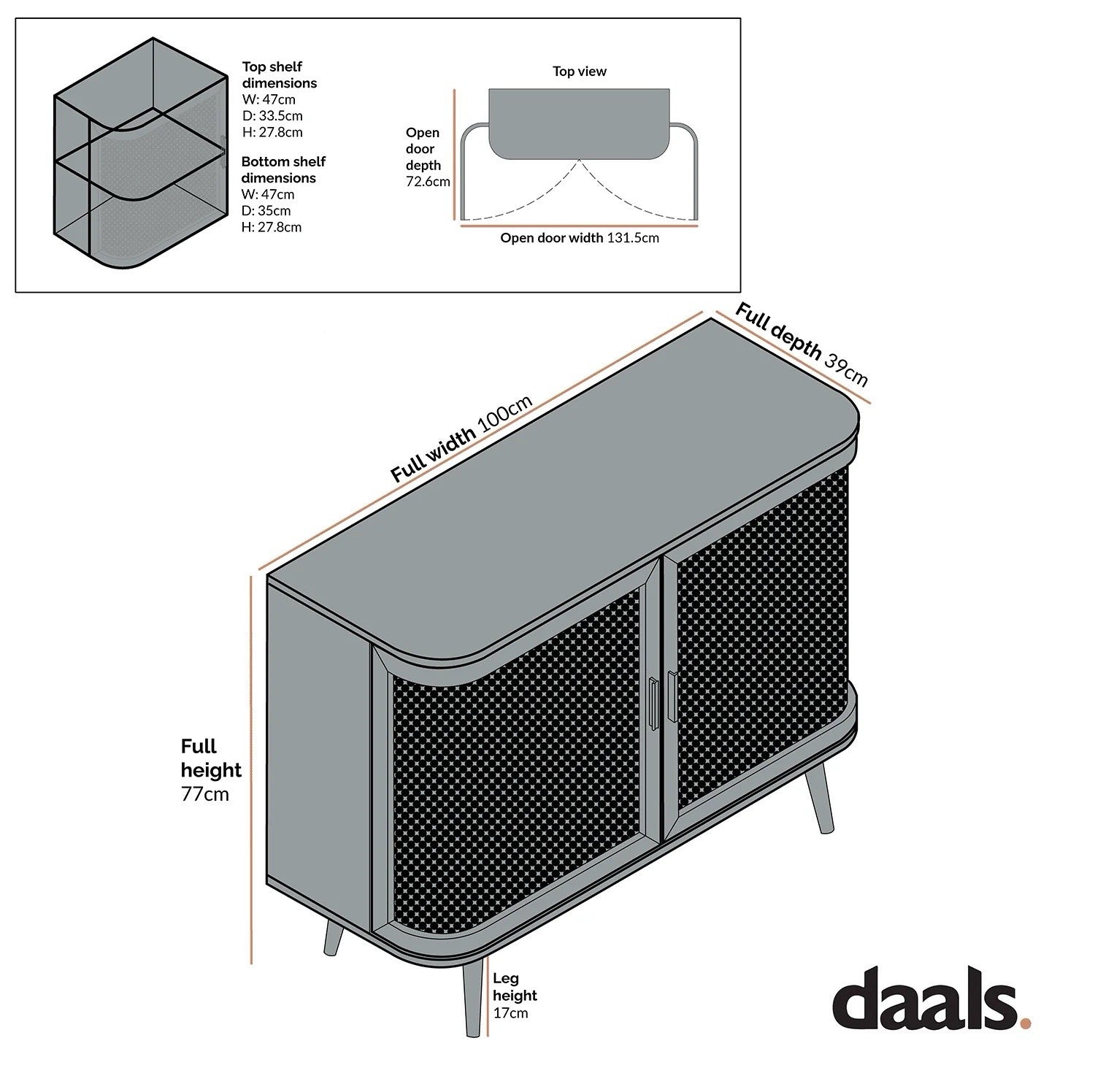 Daals Izzy Curved Rattan 2-Door Small Sideboard, Natural