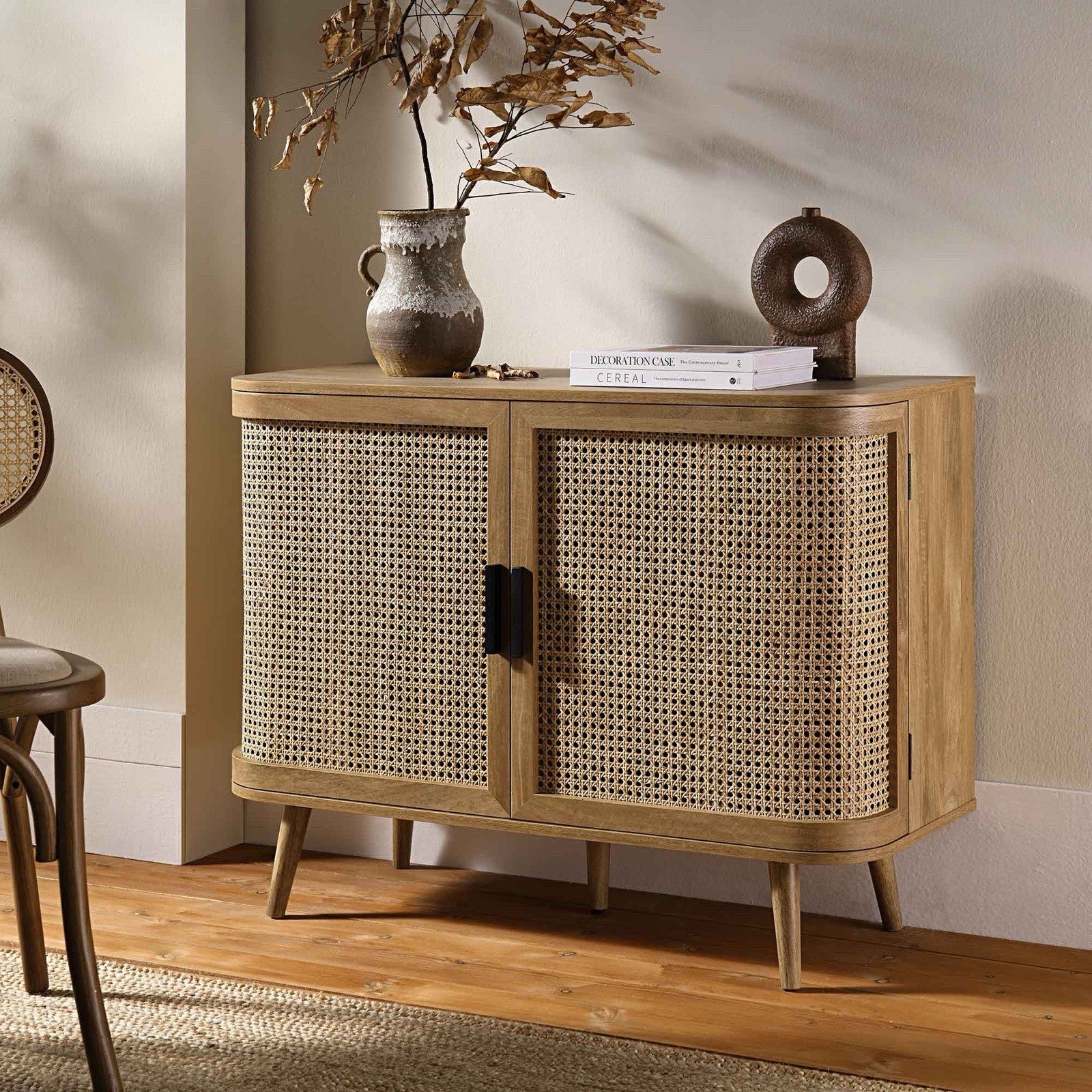 Daals Izzy Curved Rattan 2-Door Small Sideboard, Natural