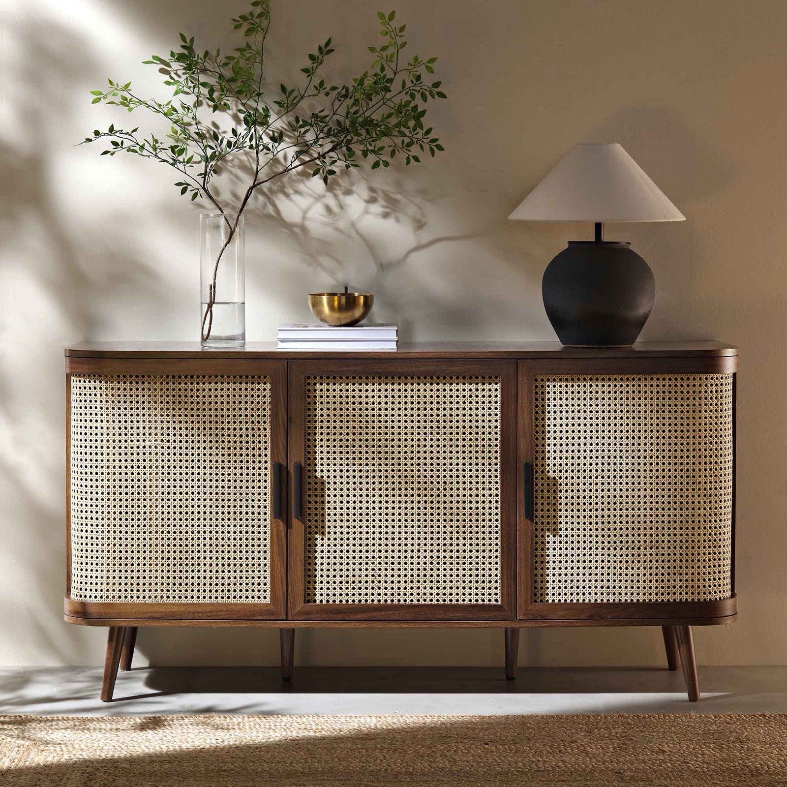 Daals Izzy Curved Rattan Large 3-Door Sideboard, Walnut