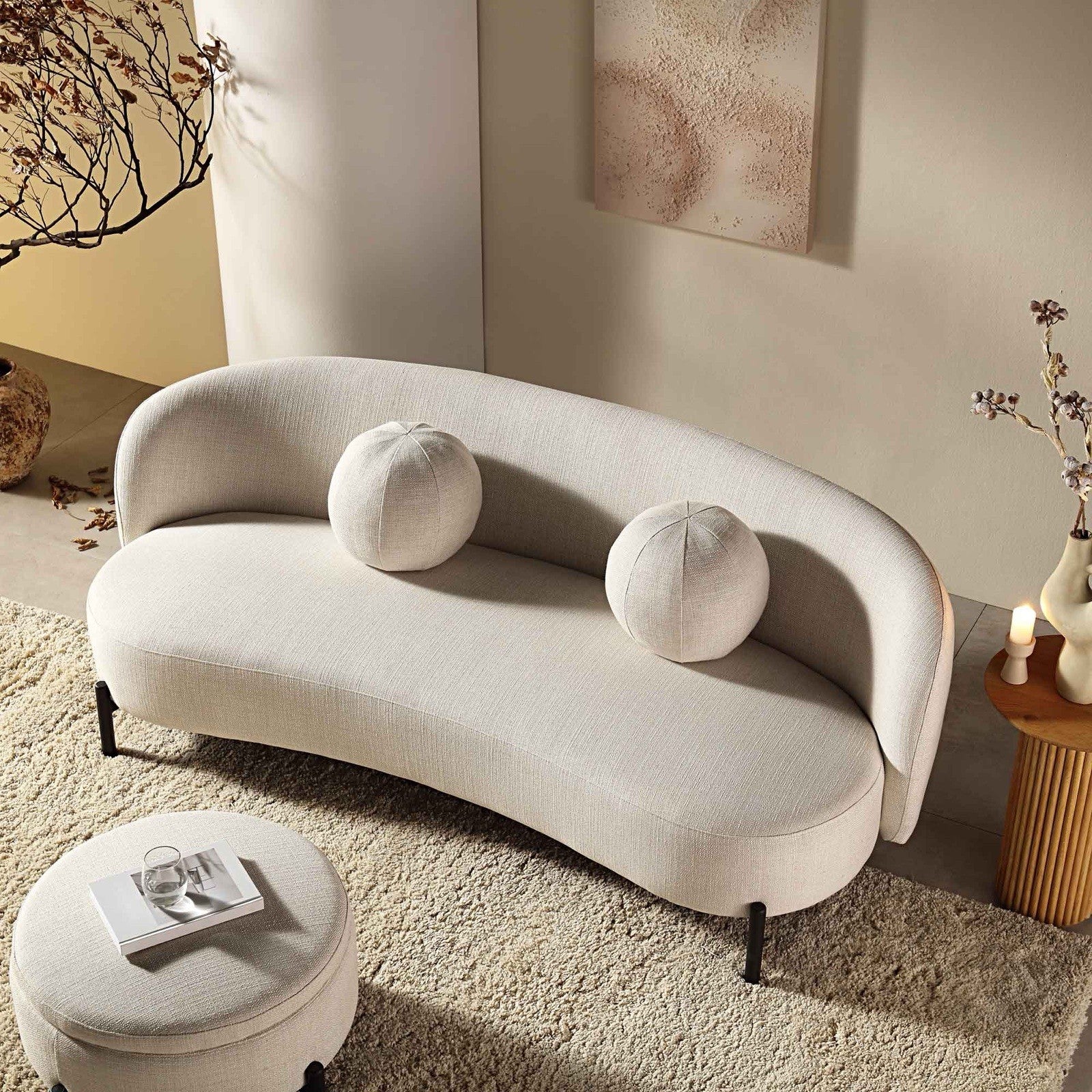 Daals Amboise 3-Seater Curved Sofa with Ball Cushions, Beige Linen Blend