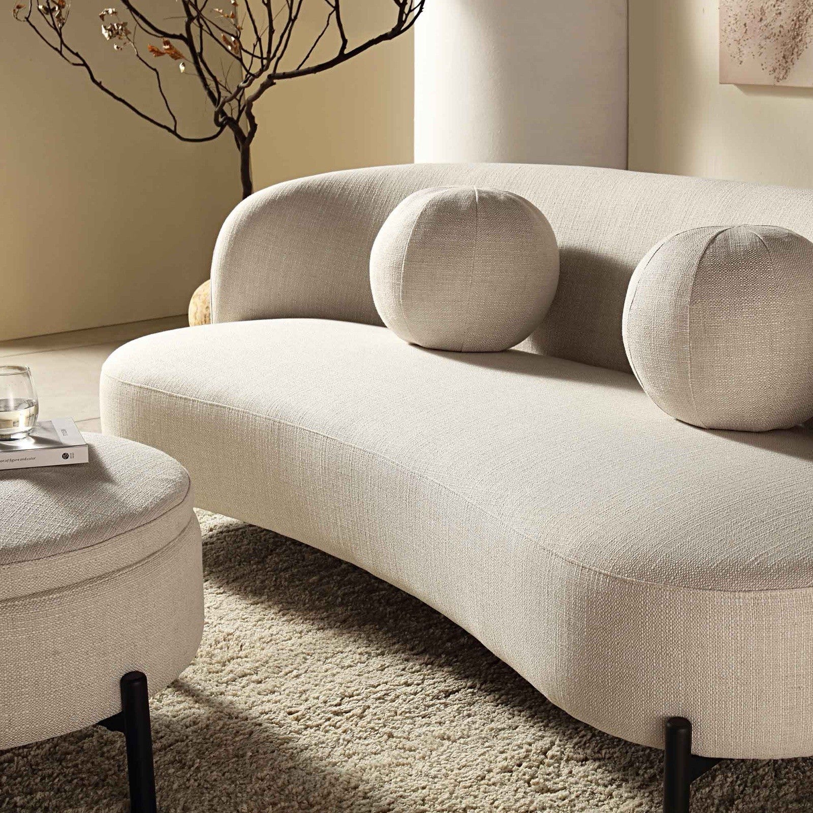 Daals Amboise 3-Seater Curved Sofa with Ball Cushions, Beige Linen Blend