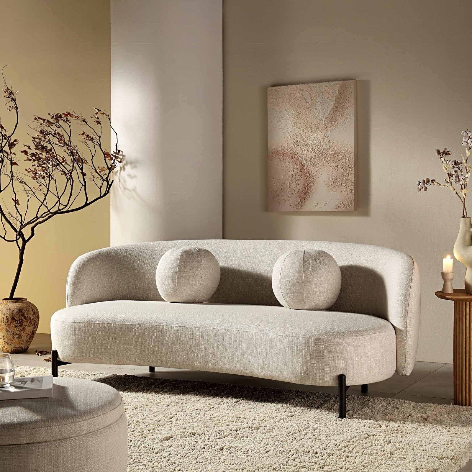 Daals Amboise 3-Seater Curved Sofa with Ball Cushions, Beige Linen Blend