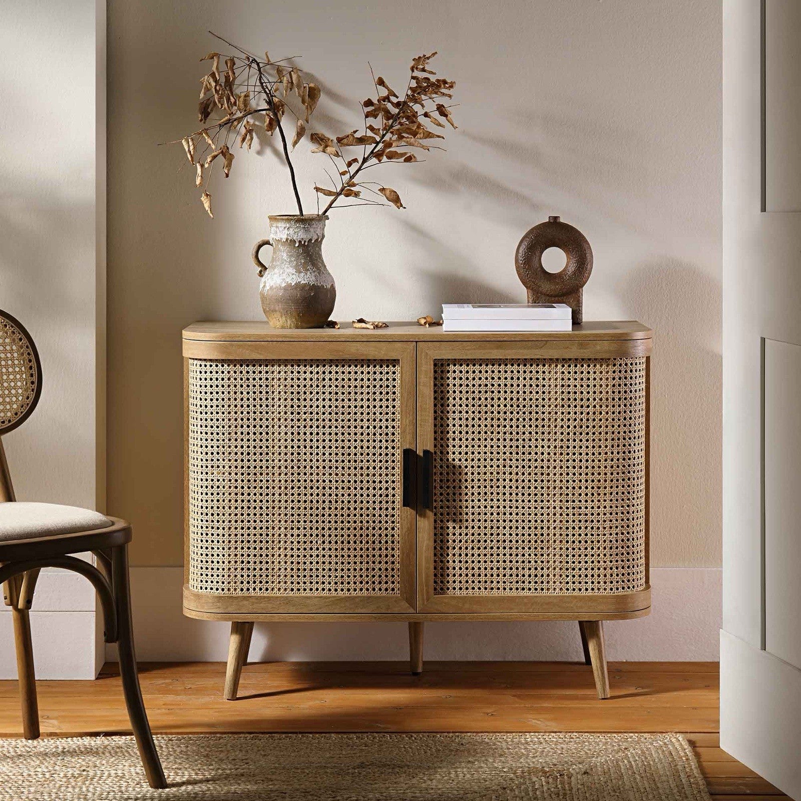 Daals Izzy Curved Rattan 2-Door Small Sideboard, Natural